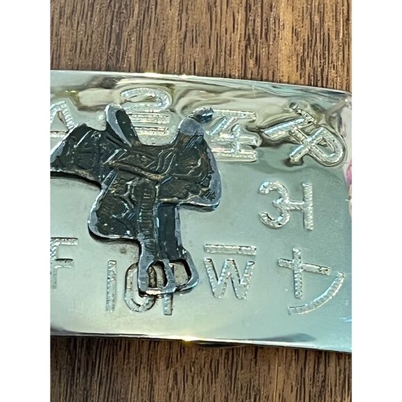 Vintage Belt Buckle Horse Saddle Embossed Retro Chrome Mirror Stamped Filigree - Picture 3 of 13